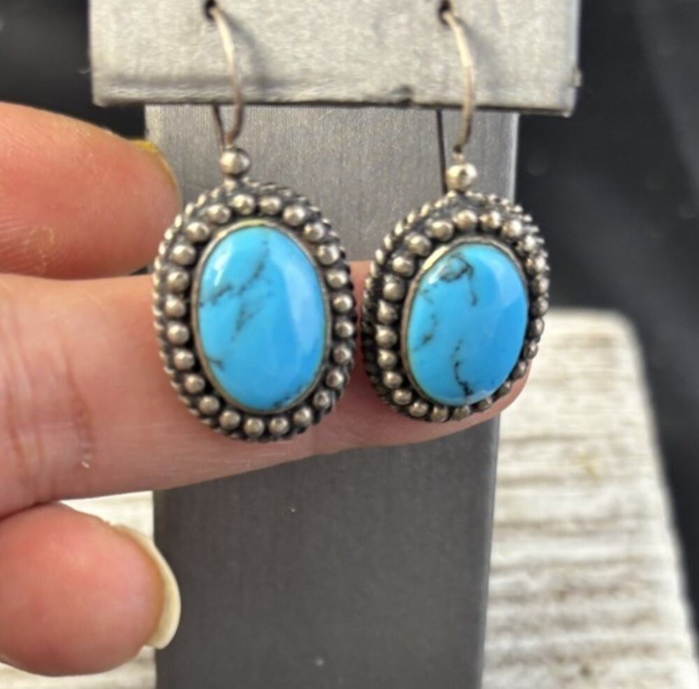 Estate Native American Sterling Silver Earrings Turquoise Dangle Han 925-6.1 Gr